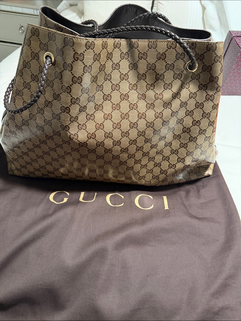 Gucci Beige/Brown GG Supreme Canvas Tote with Braided Handles